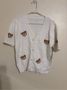 Threaded Leaf Teddy Bear Applique Knit Cardigan White NWT XL